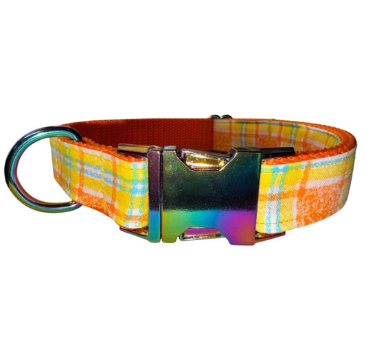 Dog Collar Yellow & Orange Plaid Vintage Print Size Large Handmade Heavy Duty W/ Iridescent Metal Buckle NEW