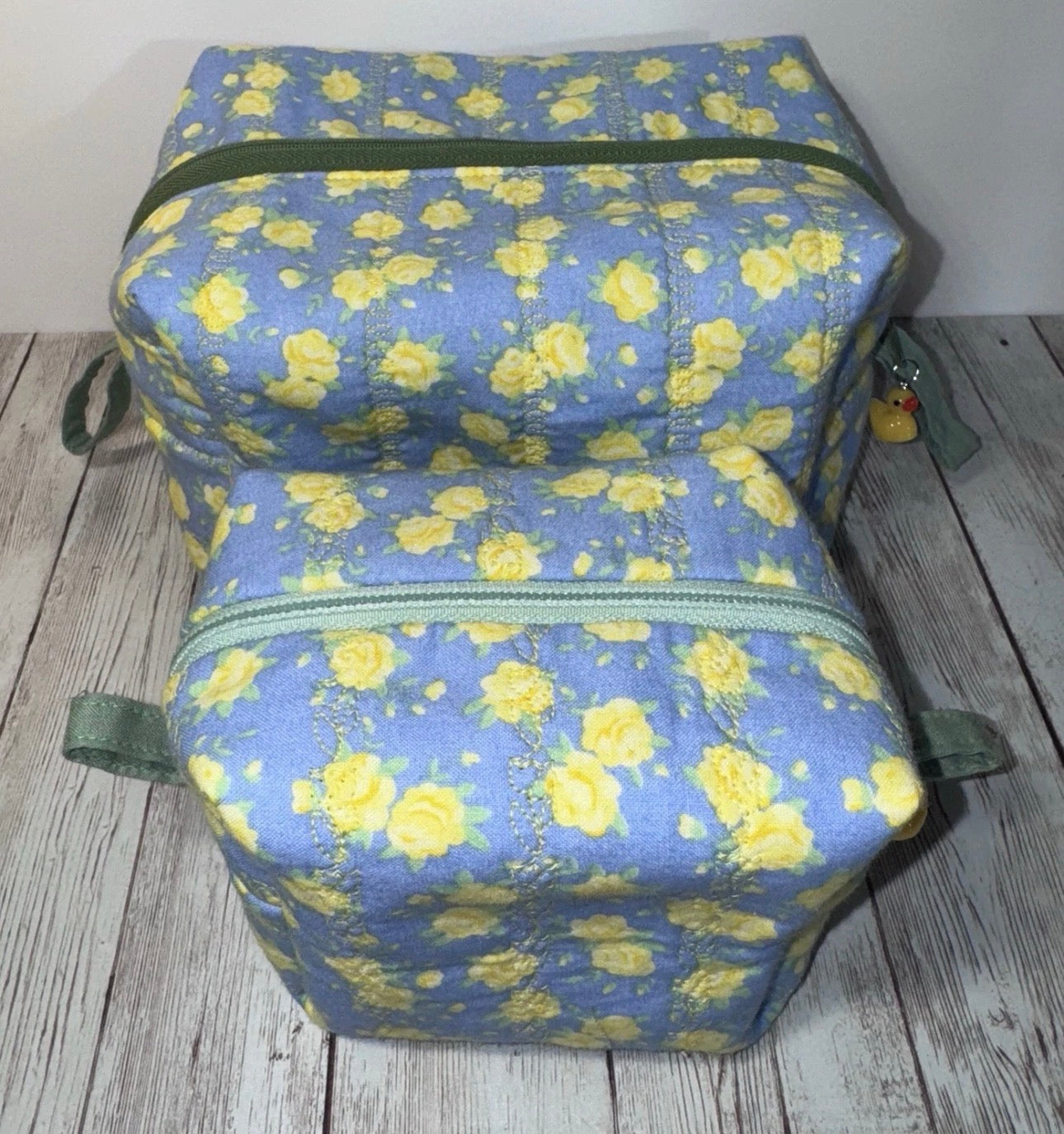 Boxy Makeup Bag Quilted Floral With Duck Charms Handmade Travel Bags Set Of 2