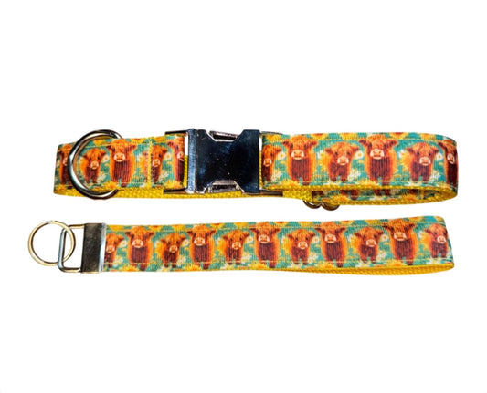 Dog Collar Highland Cow Print Yellow Metal Collar with Heavy Duty Buckle
