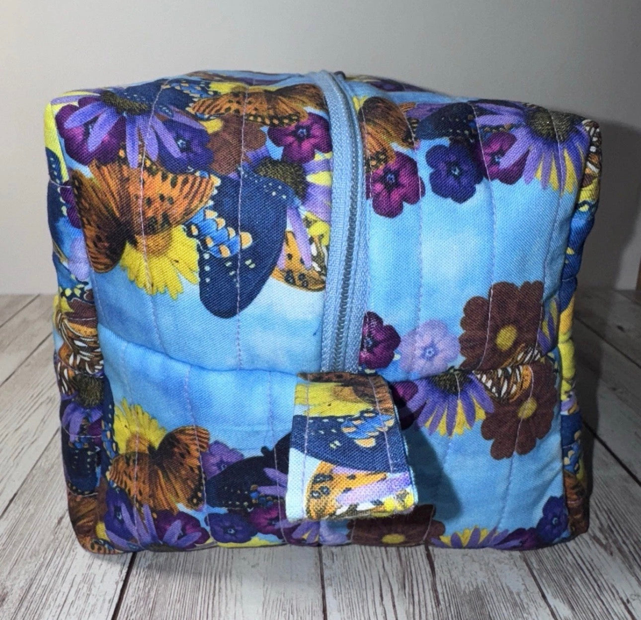 Boxy Handmade Quilted Butterfly Makeup/Toiletrie Travel Bag 5.5”x7.5x6”