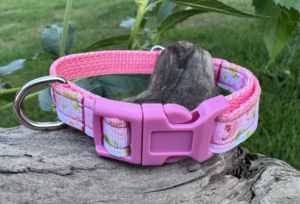 Dog/Cat/Puppy Heavy Duty Collar Pink With Flowers Roses Small Handmade NEW