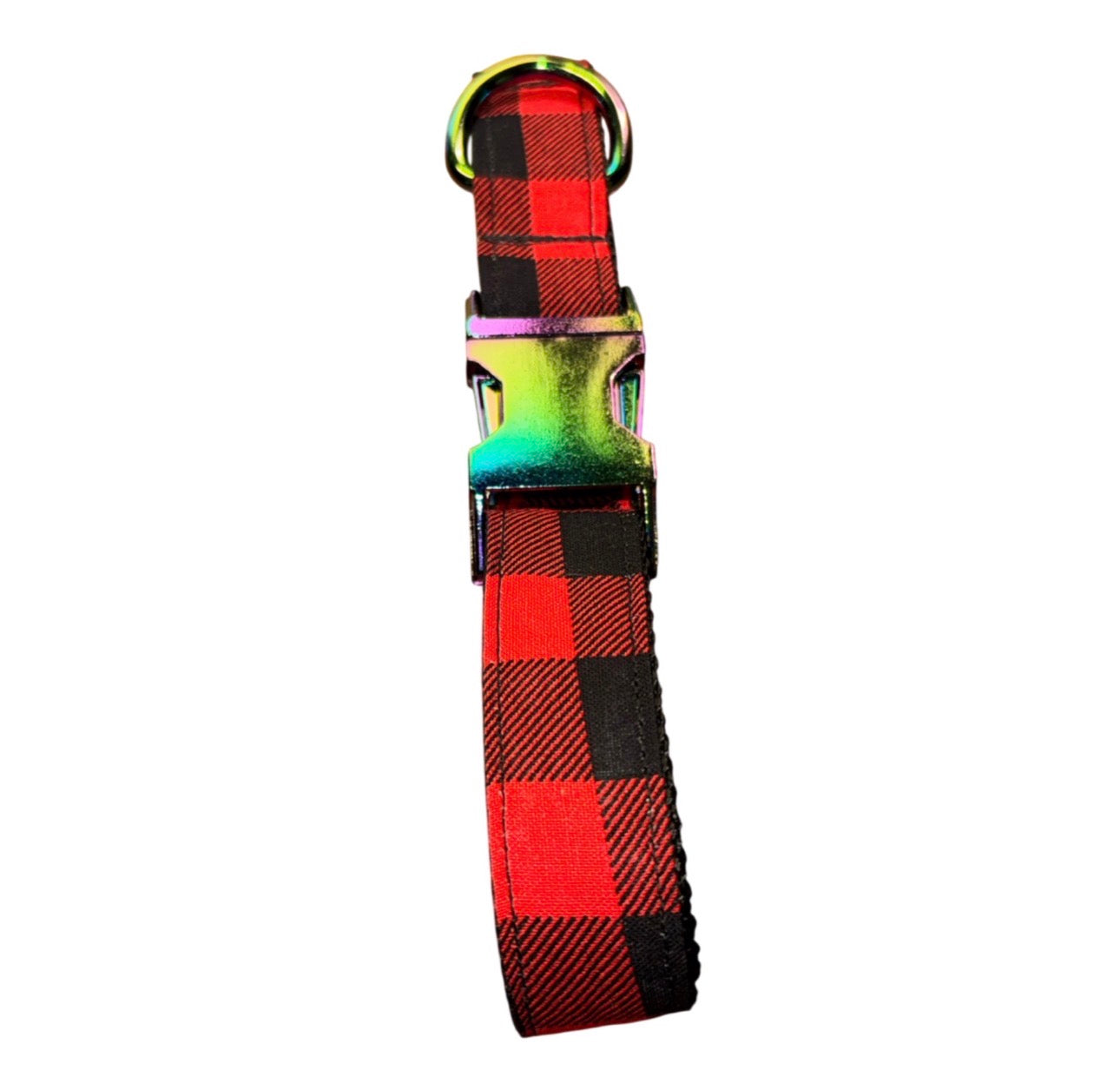 Dog Collar Red Buffalo Plaid Holiday Large Handmade Heavy Duty W/Metal Iridescent Buckle NEW