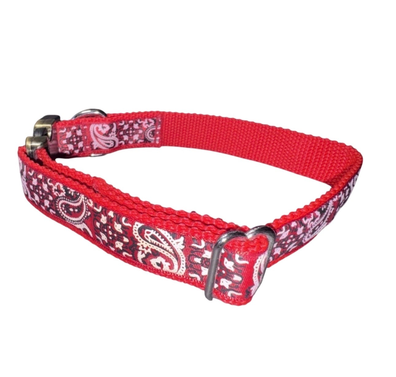 Dog Collar Red Paisley Bandana Print Large Handmade Heavy Duty W/Buckle NEW