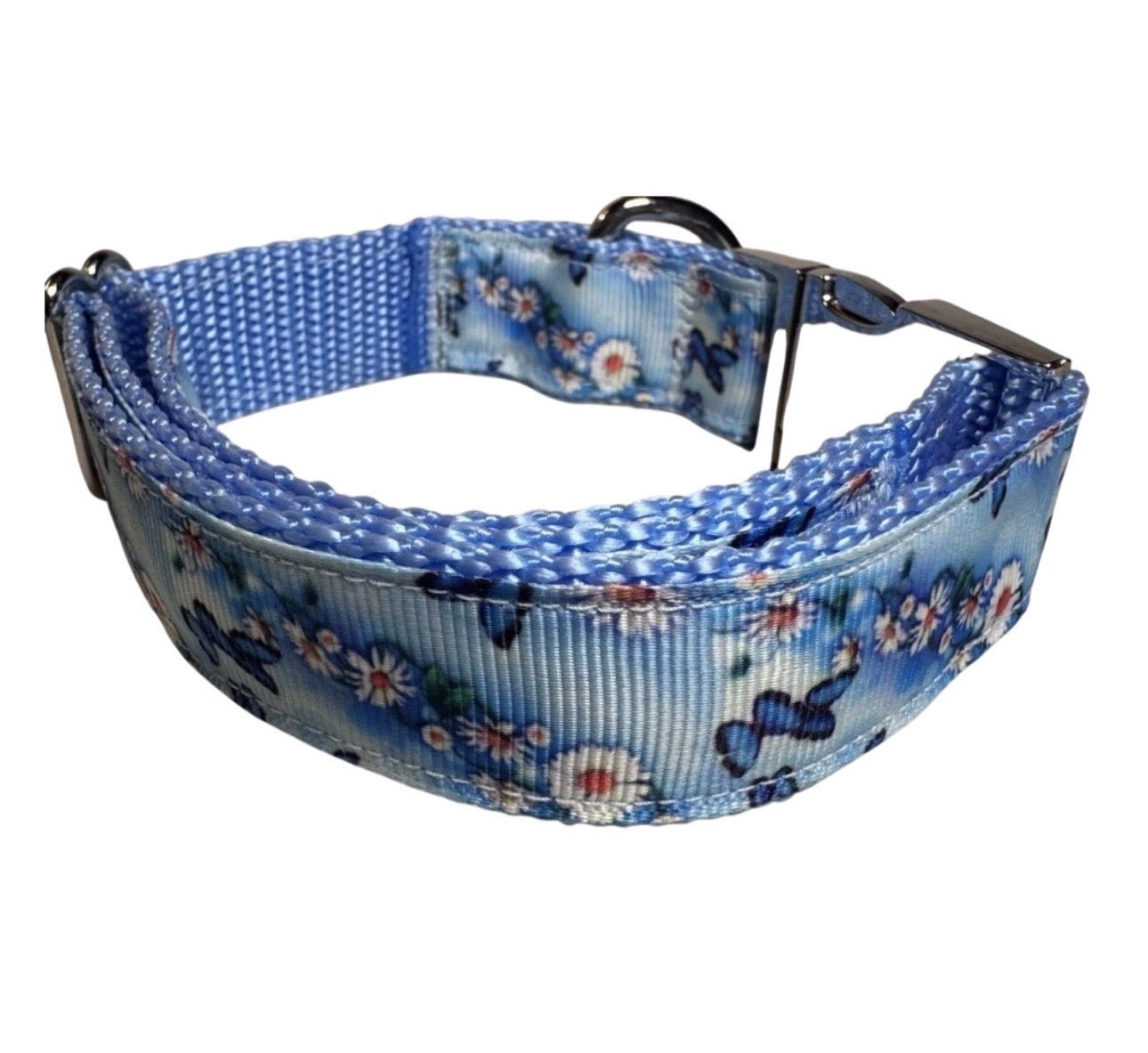 Dog Or Puppy Collar Blue Daisy & Butterfly Print 1” Wide Small Handmade NEW With Metal Buckle