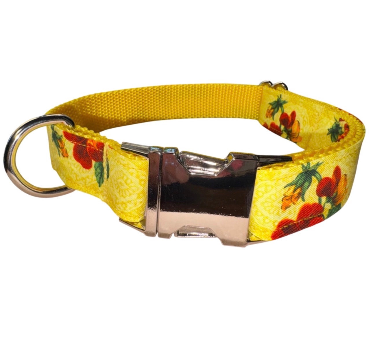 Dog Collar Yellow Floral Flower Print Size Large Handmade Heavy Duty W/ Metal Buckle NEW