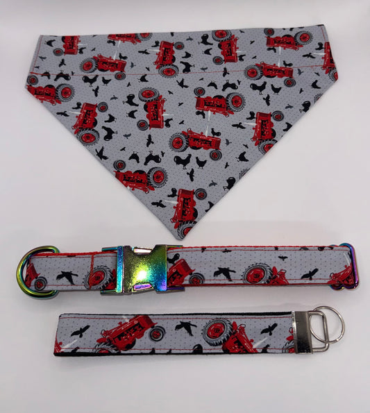 Dog Collar & Bandana Farm Tractor Print Red Large Handmade Heavy Duty NEW