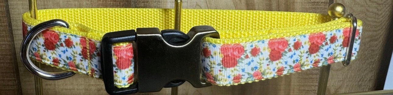 Dog Collar Yellow Flowers Large Handmade Heavy Duty NEW