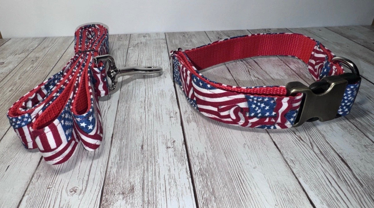 Dog Collar & Leash American Flag Print 4th Of July Large Handmade Heavy Duty NEW
