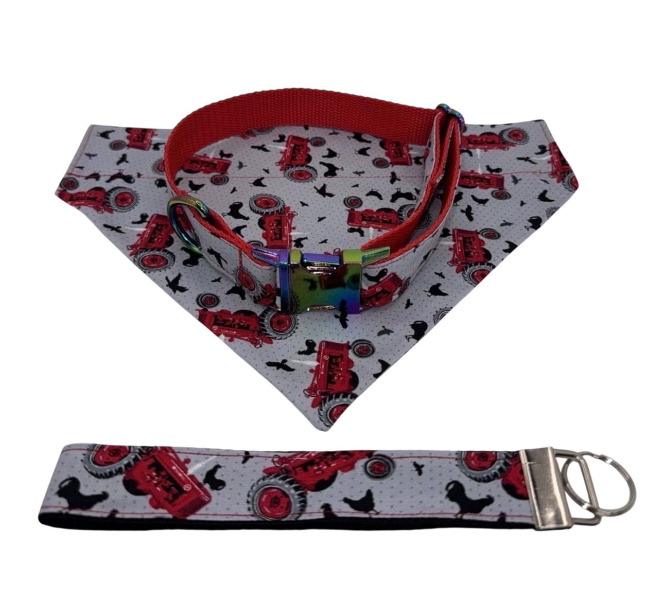 Bandana & Large Dog Collar Set Farm Tractor Print Red Handmade Heavy Duty NEW