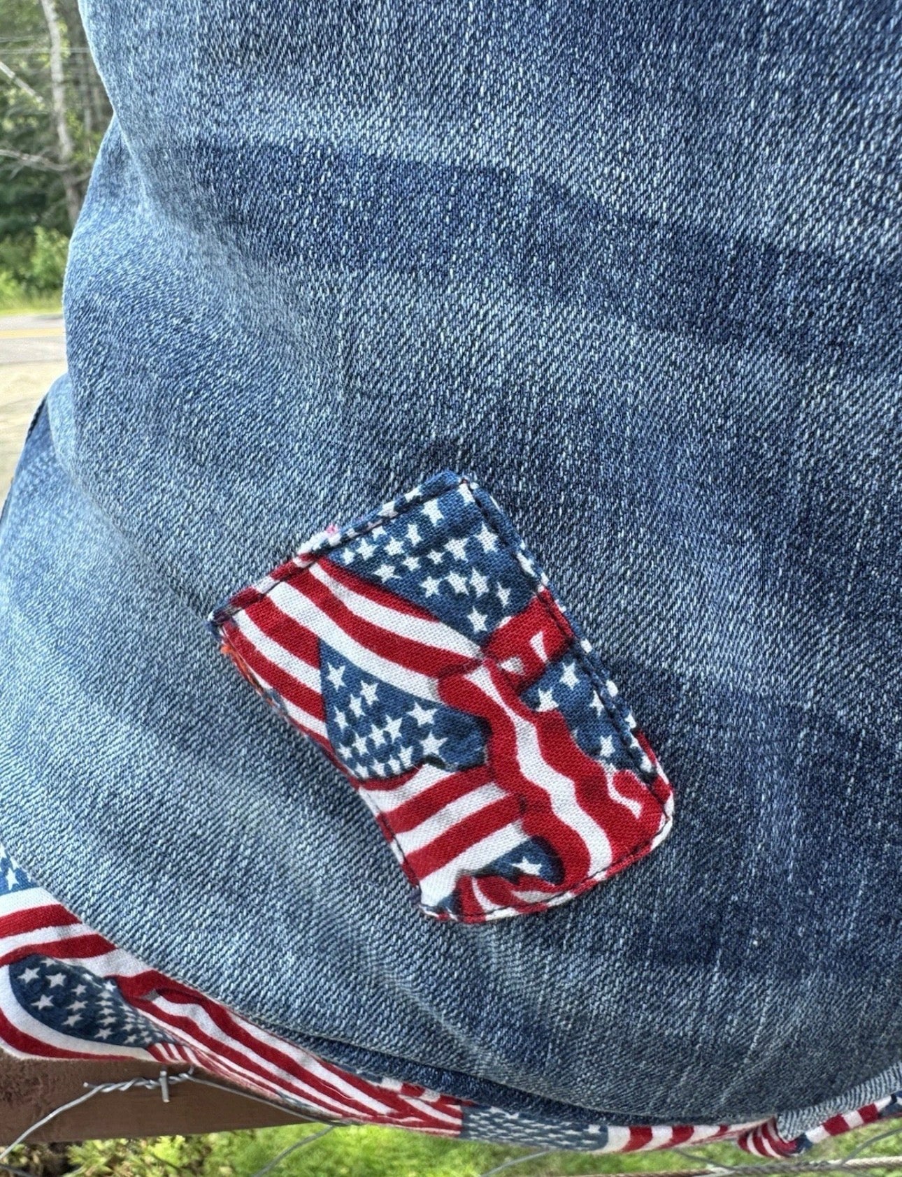 American Flag Jeans Handmade Medium Size Repurposed Denim Blue Jeans Bag Tote For Beach, Groceries, Work, Or Purse