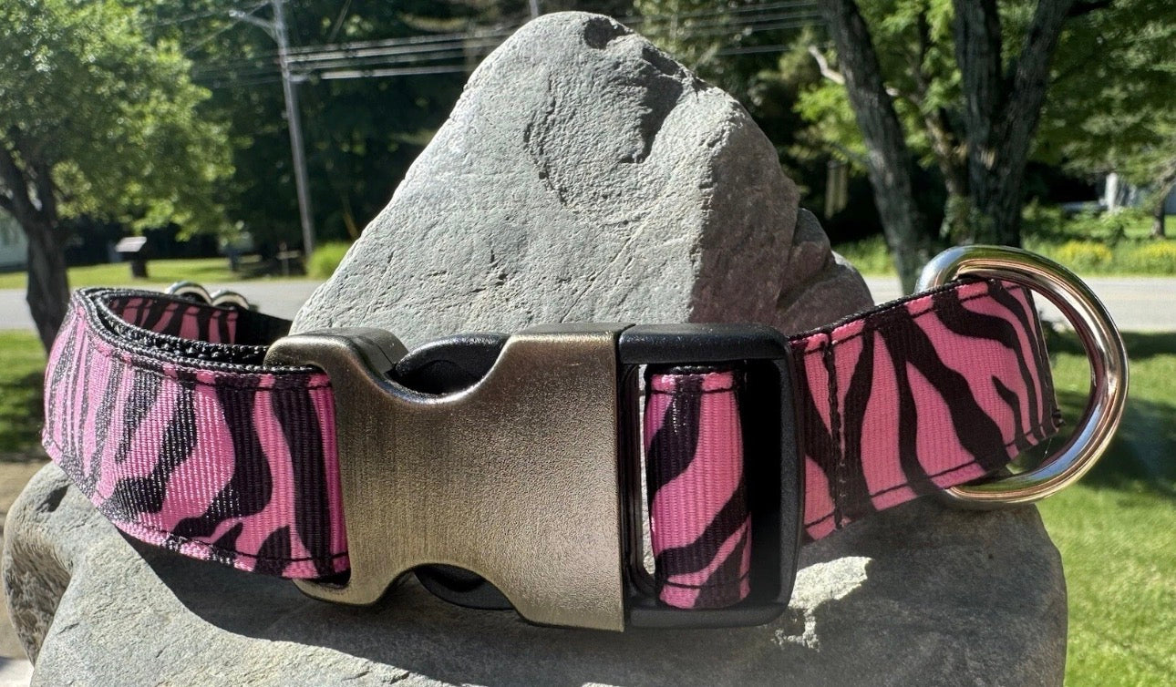 Dog Collar Pink Zebra Print Large Handmade Heavy Duty W/Buckle NEW