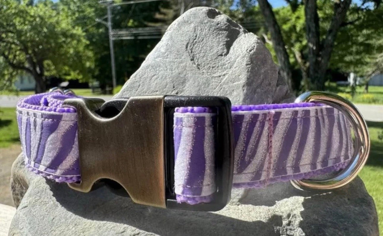 Dog Collar Zebra Stripe Purple Large Handmade Heavy Duty W/Buckle NEW