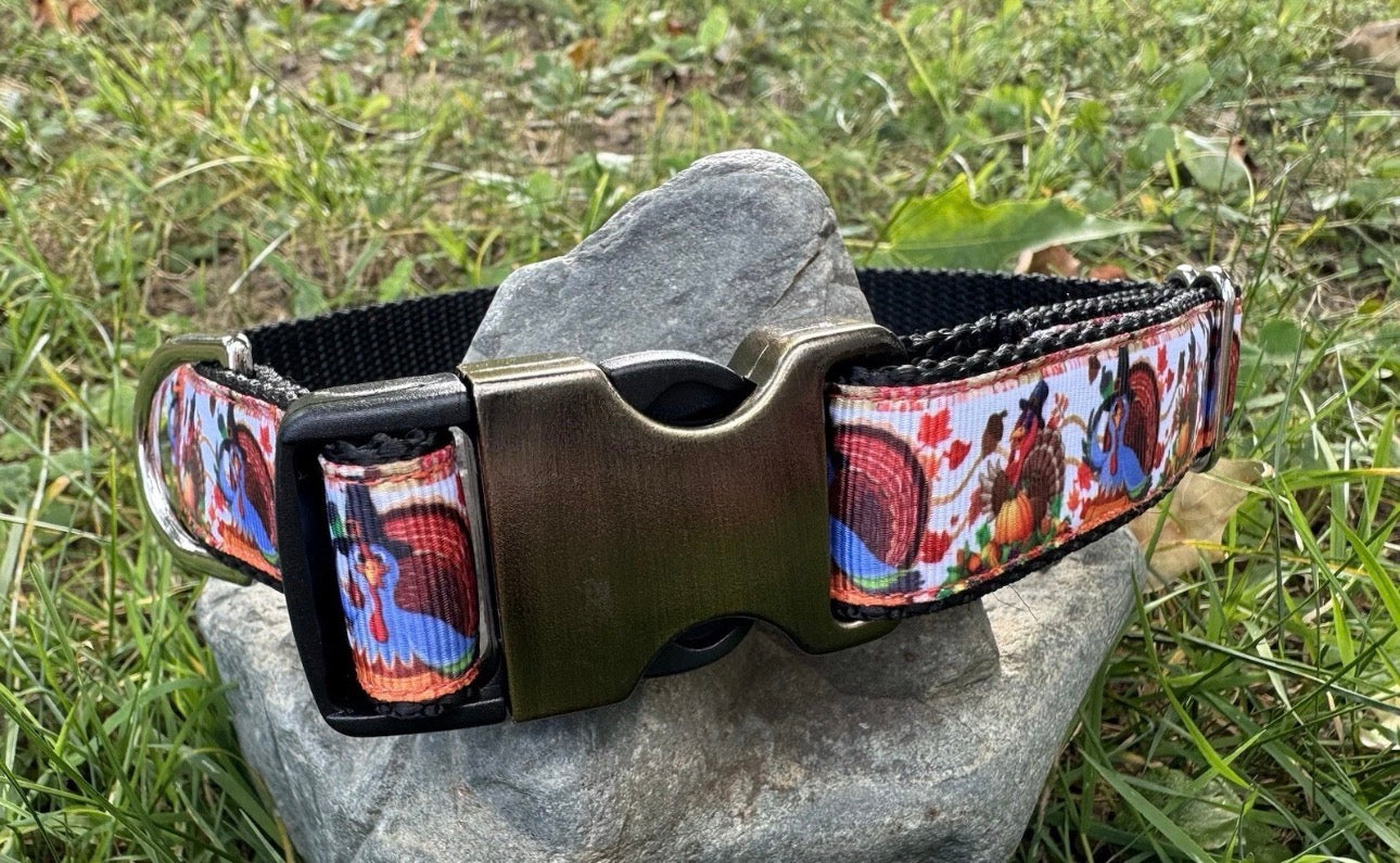 Dog Collar Turkeys Thanksgiving Large Handmade Heavy Duty With Buckle NEW