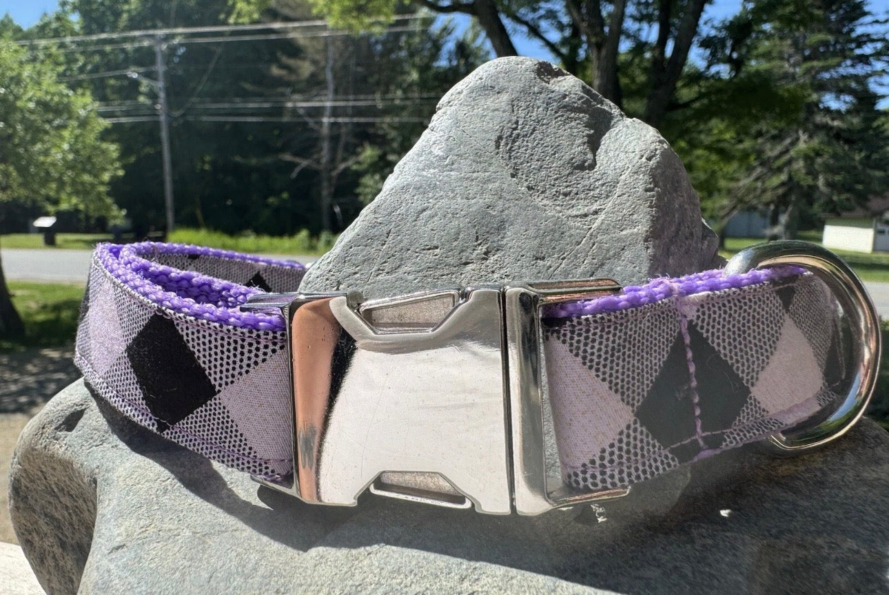 Dog Collar Plaid Purple Large Handmade Heavy Duty Metal Buckle NEW