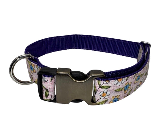 Large Handmade Heavy Duty Dog Collar Pink & Purple Flowers Print