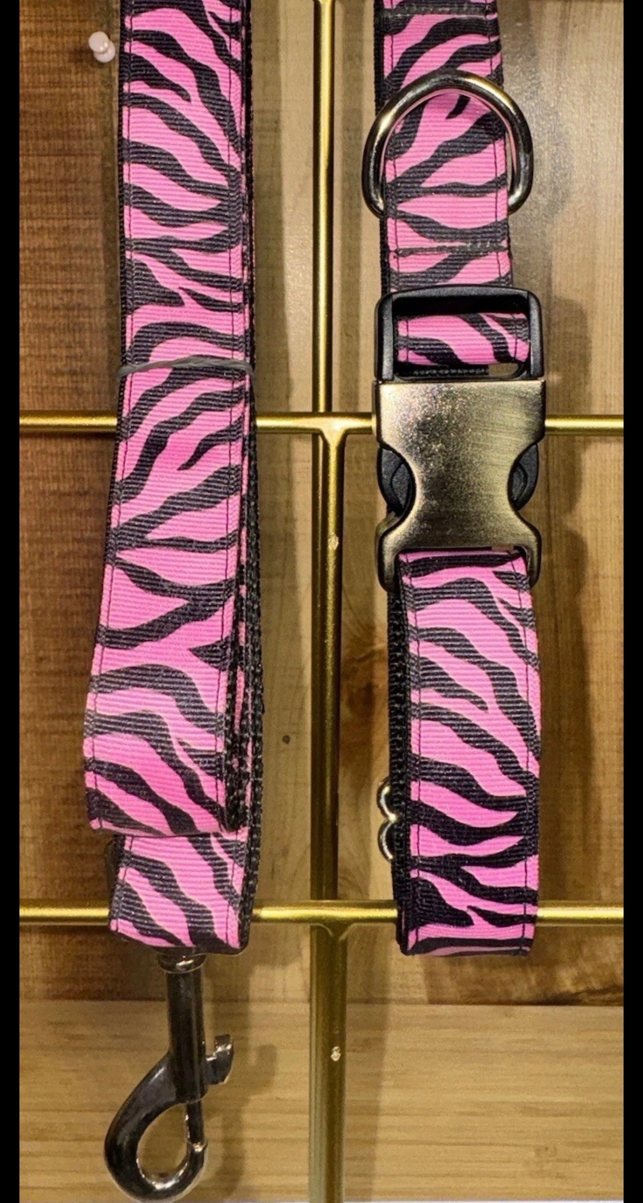 Dog Collar & Leash Pink Zebra Print  Large Handmade Heavy Duty NEW