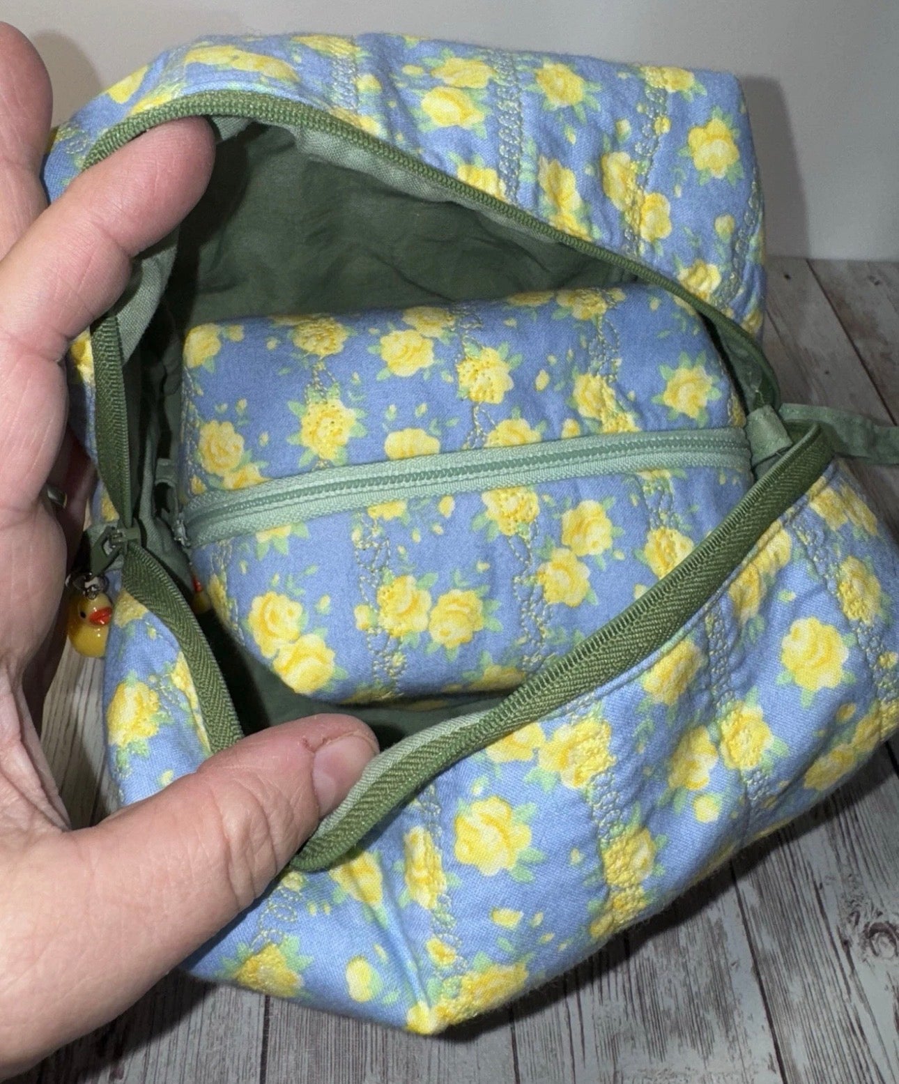 Boxy Makeup Bag Quilted Floral With Duck Charms Handmade Travel Bags Set Of 2