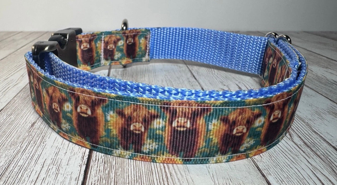 Dog Collar Highland Cow Blue Large Handmade Heavy Duty W/Buckle NEW