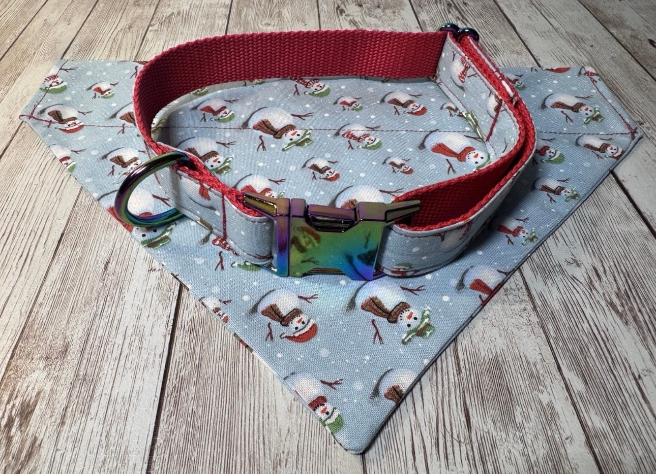 Dog Collar & Bandana Snowman Christmas Theme  Large Handmade Heavy Duty NEW