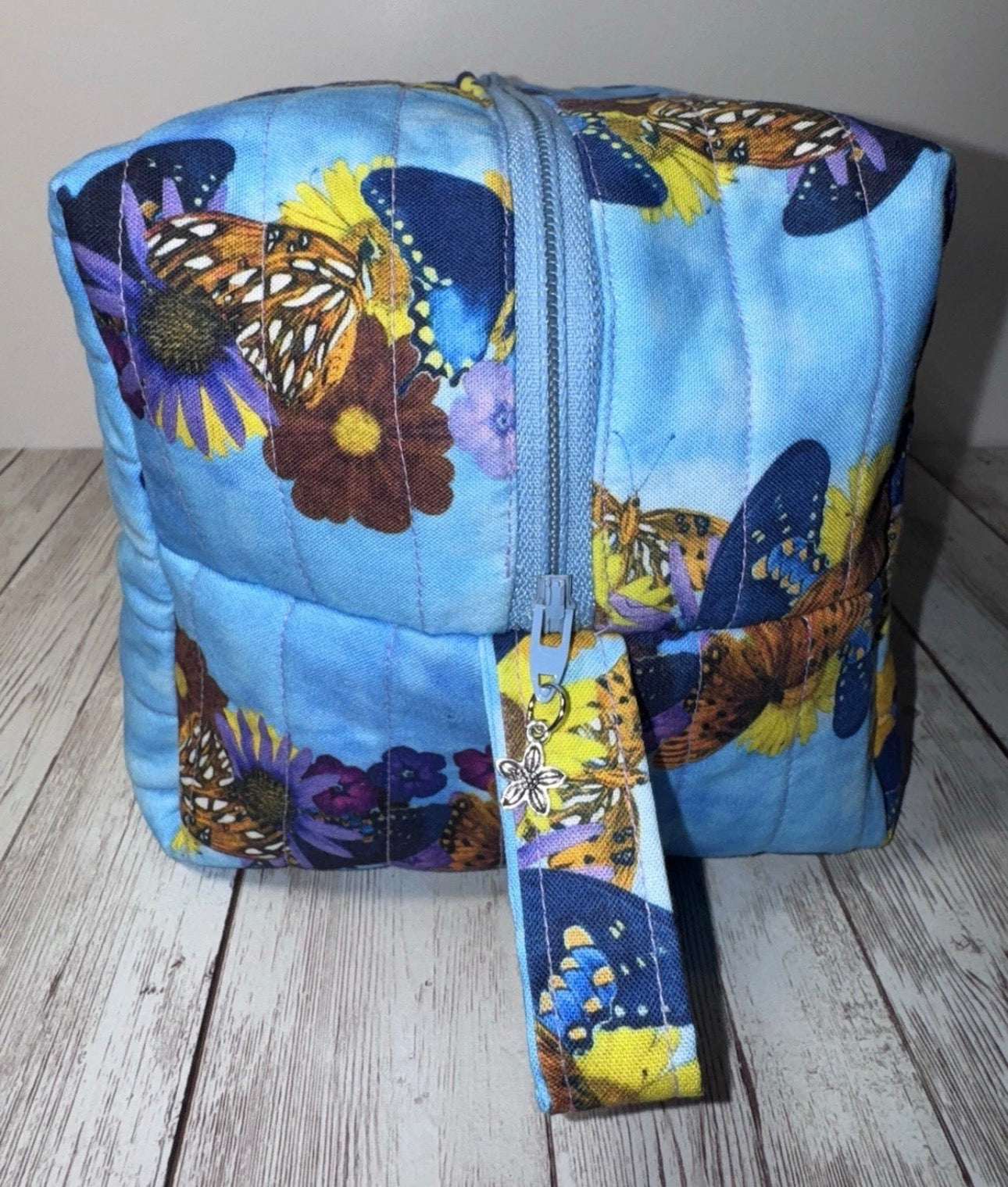 Boxy Handmade Quilted Butterfly Makeup/Toiletrie Travel Bag 5.5”x7.5x6”