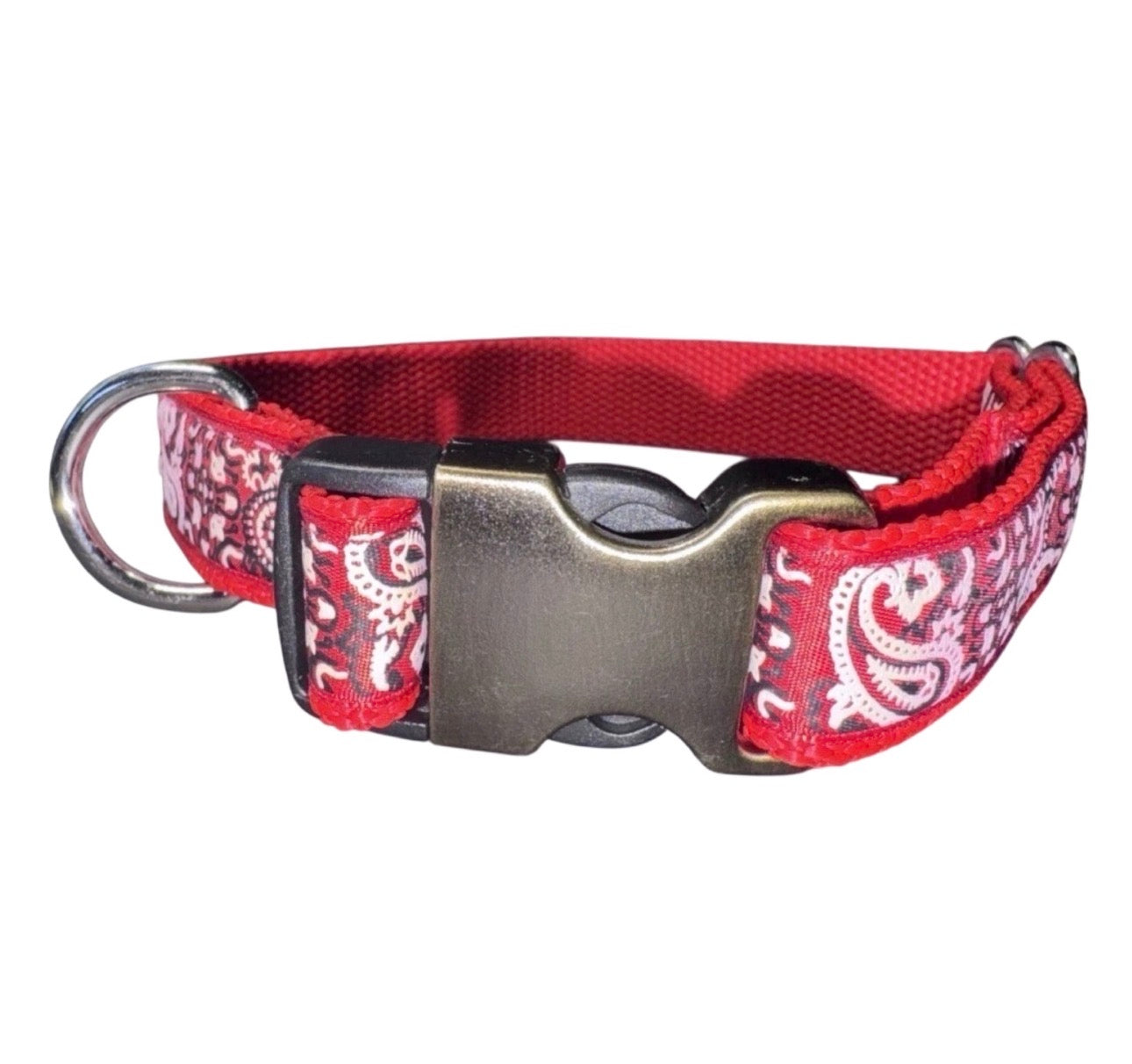 Dog Collar Red Paisley Bandana Print Large Handmade Heavy Duty W/Buckle NEW