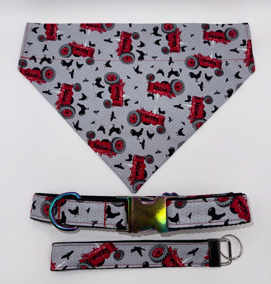 Dog Collar & Bandana Red Farm Tractor Print Large Handmade Heavy Duty NEW