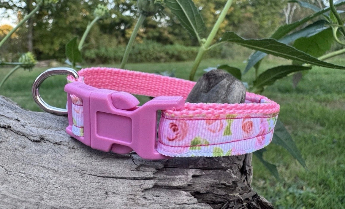 Dog/Cat/Puppy Heavy Duty Collar Pink With Flowers Roses Small Handmade NEW