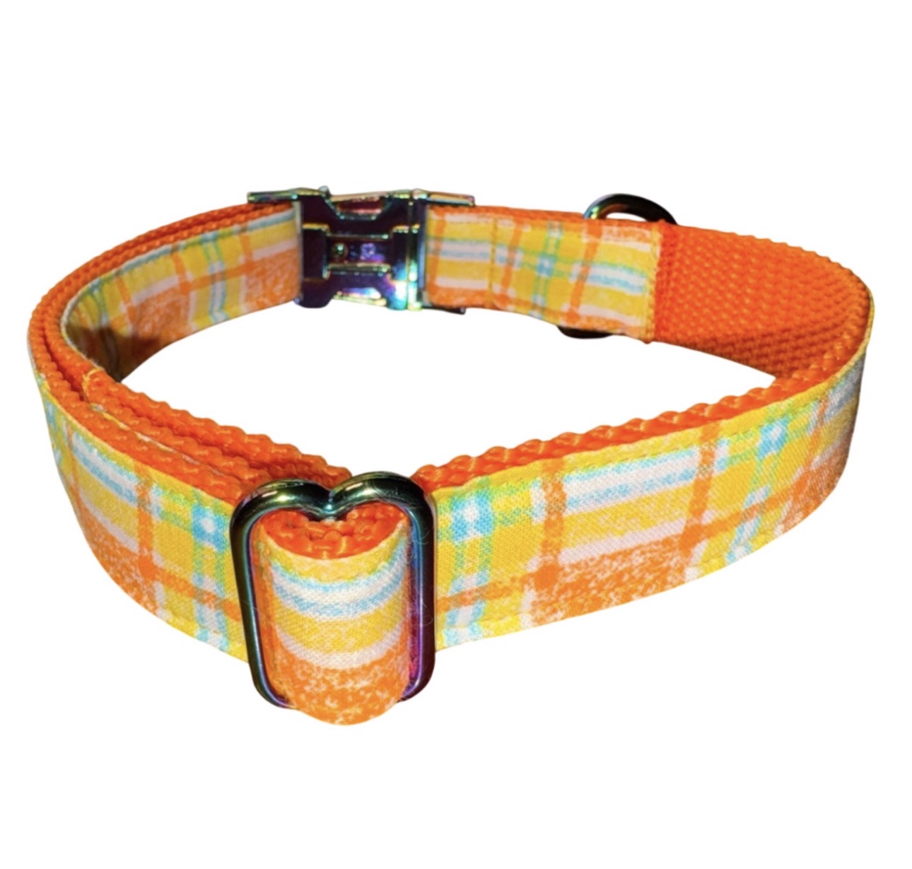Dog Collar Yellow & Orange Plaid Vintage Print Size Large Handmade Heavy Duty W/ Iridescent Metal Buckle NEW