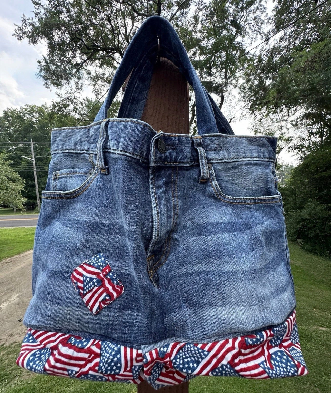 American Flag Jeans Handmade Medium Size Repurposed Denim Blue Jeans Bag Tote For Beach, Groceries, Work, Or Purse