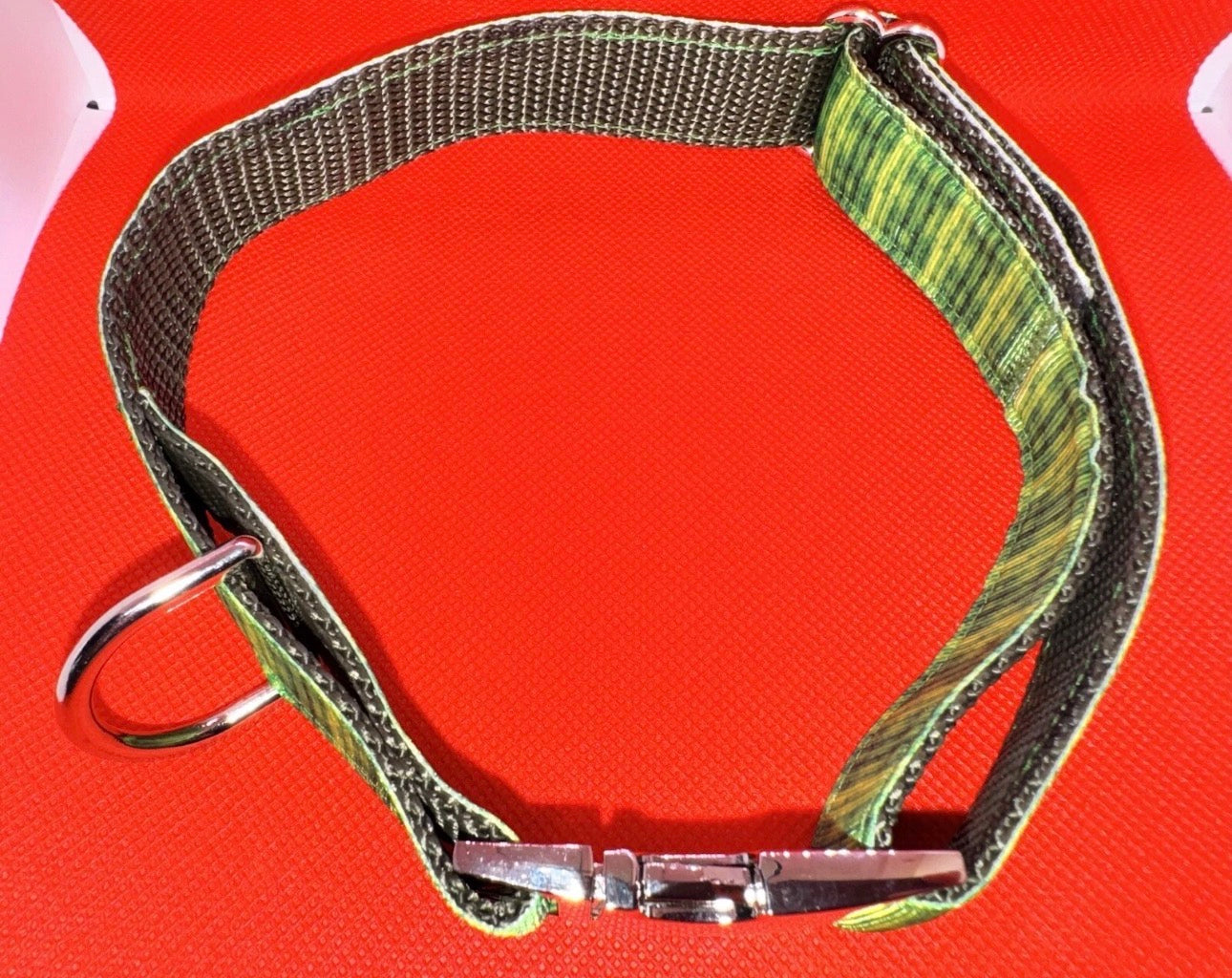 Dog Collar Green Striped Print Large Handmade Heavy Duty W/Buckle NEW