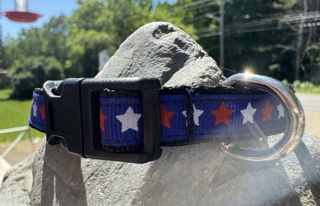 Dog/Cat/Puppy Collar Blue W/White & Red Stars  4th of July Small Handmade NEW