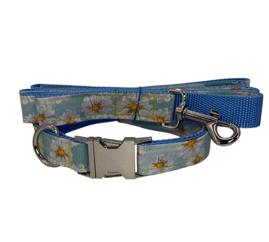 Dog Collar & Leash Yellow Daisy & Flower Print Large Handmade Heavy Duty Metal Buckle NEW