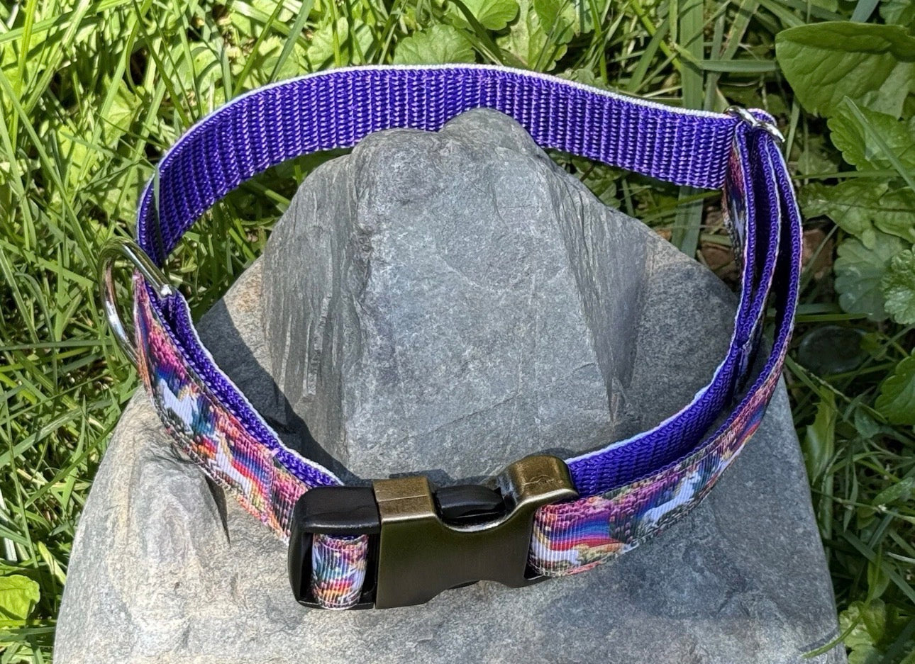 Dog Collar Purple Unicorn & Rainbows Large Handmade Heavy Duty W/Buckle NEW