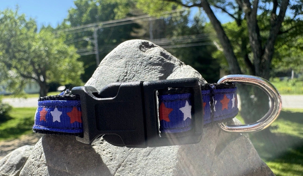 Dog/Cat/Puppy Collar Blue W/White & Red Stars  4th of July Small Handmade NEW