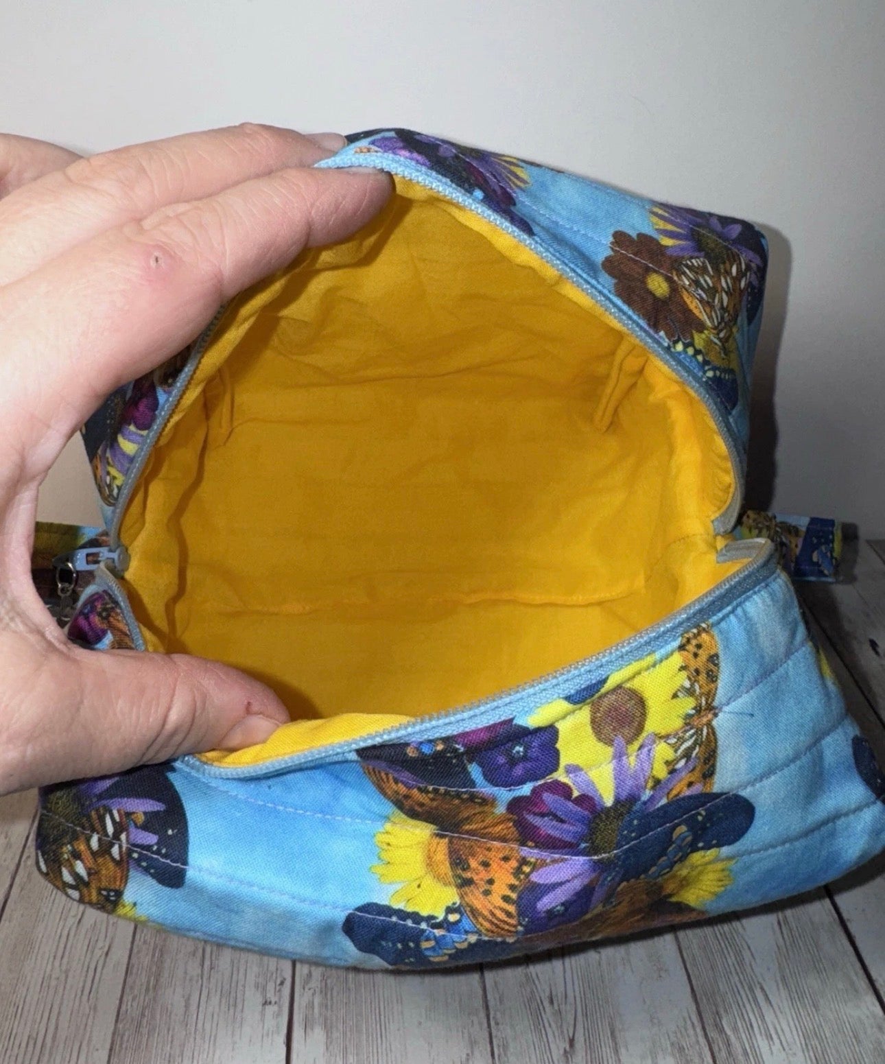 Boxy Handmade Quilted Butterfly Makeup/Toiletrie Travel Bag 5.5”x7.5x6”