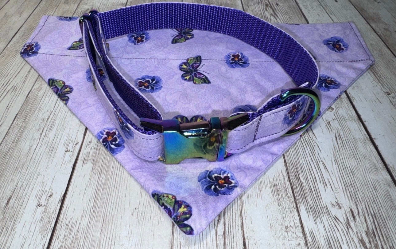 Dog Collar & Bandana Purple Butterfly Print Large Handmade Heavy Duty NEW