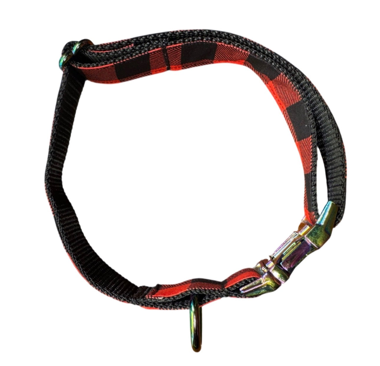 Dog Collar Red Buffalo Plaid Holiday Large Handmade Heavy Duty W/Metal Iridescent Buckle NEW