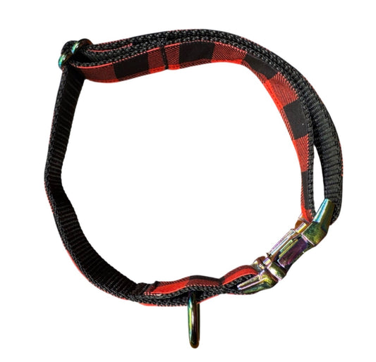 Dog Collar Red Buffalo Plaid Holiday Large Handmade Heavy Duty W/Metal Iridescent Buckle NEW