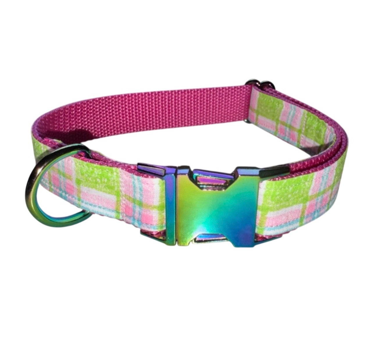 Dog Collar Leash & Bandana Set w/matching Scrunchie & Keychain Large Handmade Vintage Pink & Green Plaid Pattern Size Large Handmade