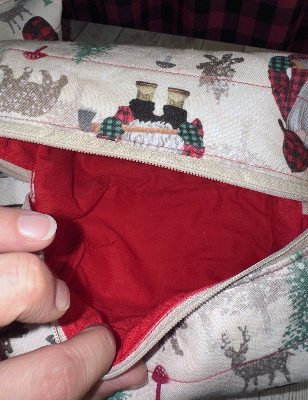 Boxy Makeup Bag Gnome Christmas Lumberjack Theme Set Of 3 Handmade Bags.