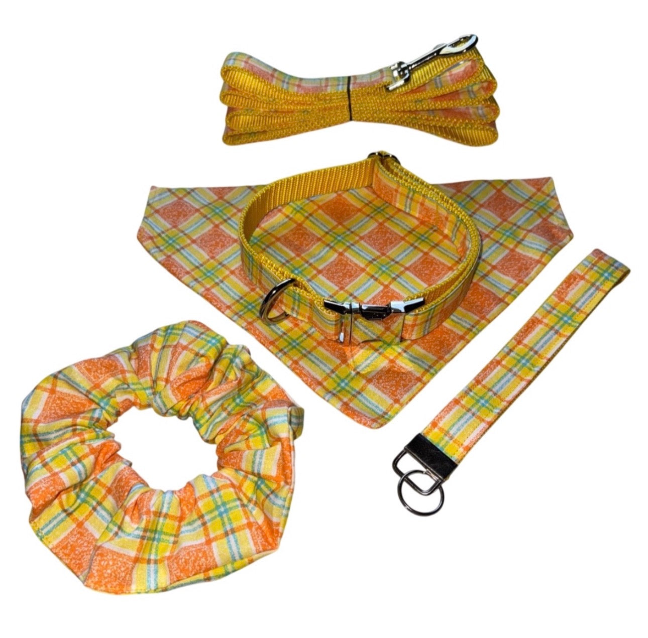 Dog Collar Leash & Bandana Set w/matching Scrunchie & Keychain Large Handmade Vintage Orange & Yellow Plaid Pattern Size Large Handmade