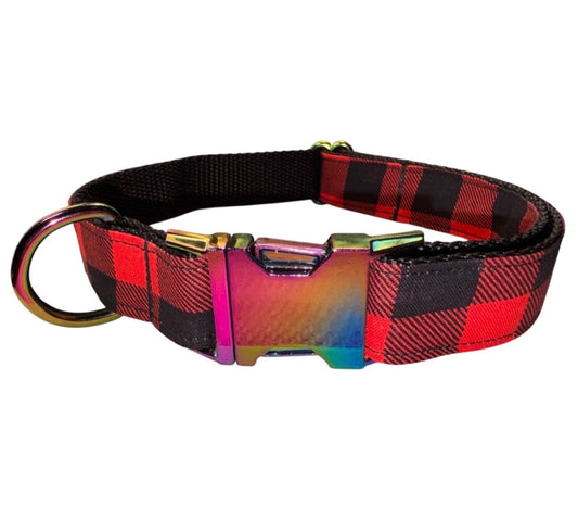 Dog Collar Red Buffalo Plaid Holiday Large Handmade Heavy Duty W/Metal Iridescent Buckle NEW