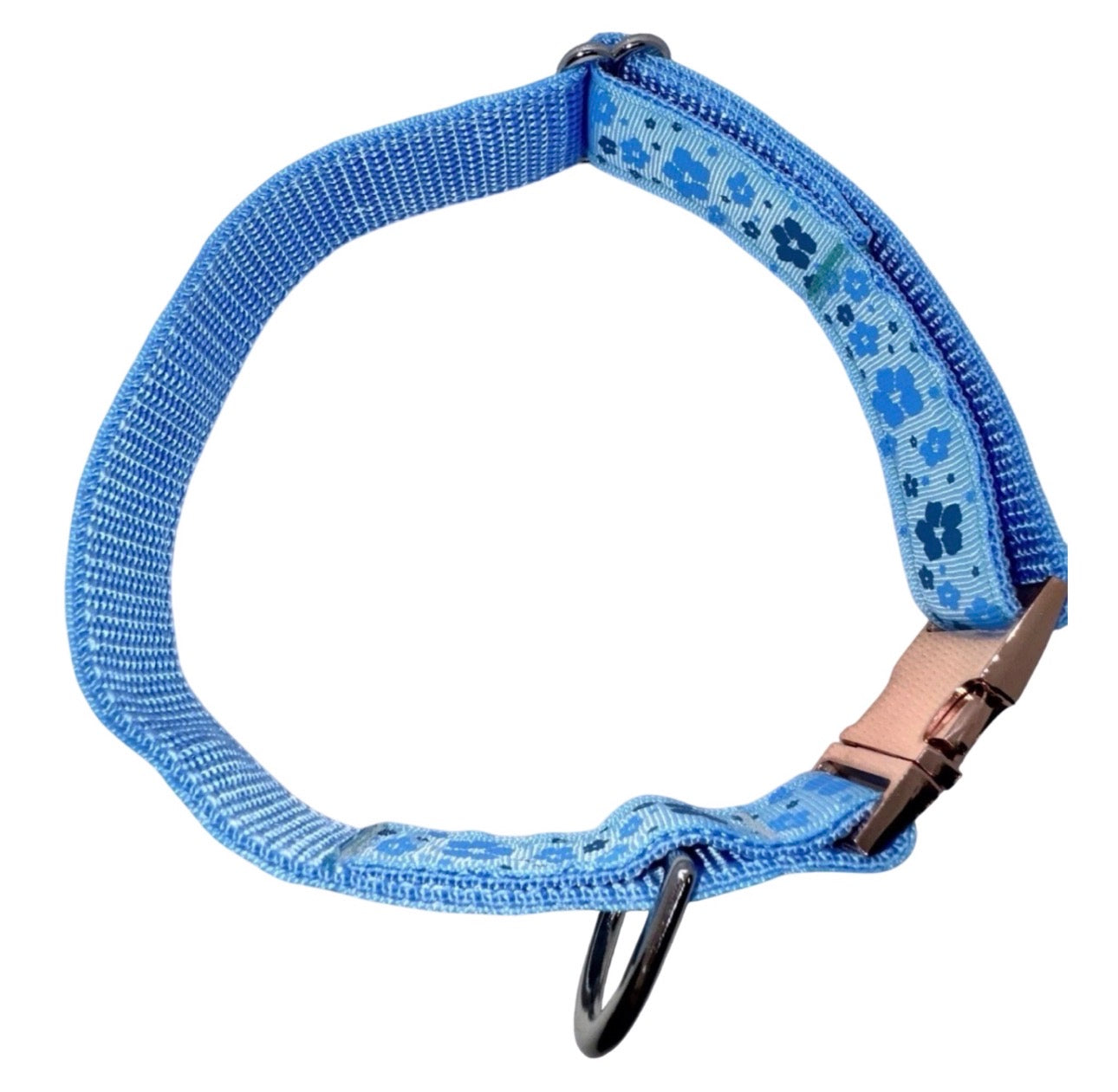 Dog Collar Blue Flowers & Rose Gold Large Handmade Heavy Duty Metal Buckle NEW