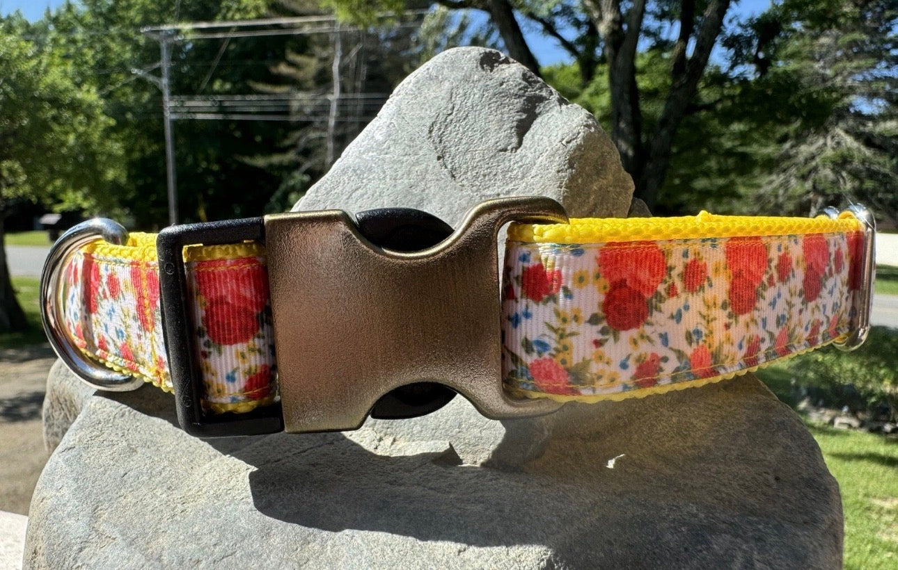 Dog Collar Yellow Flowers Large Handmade Heavy Duty NEW