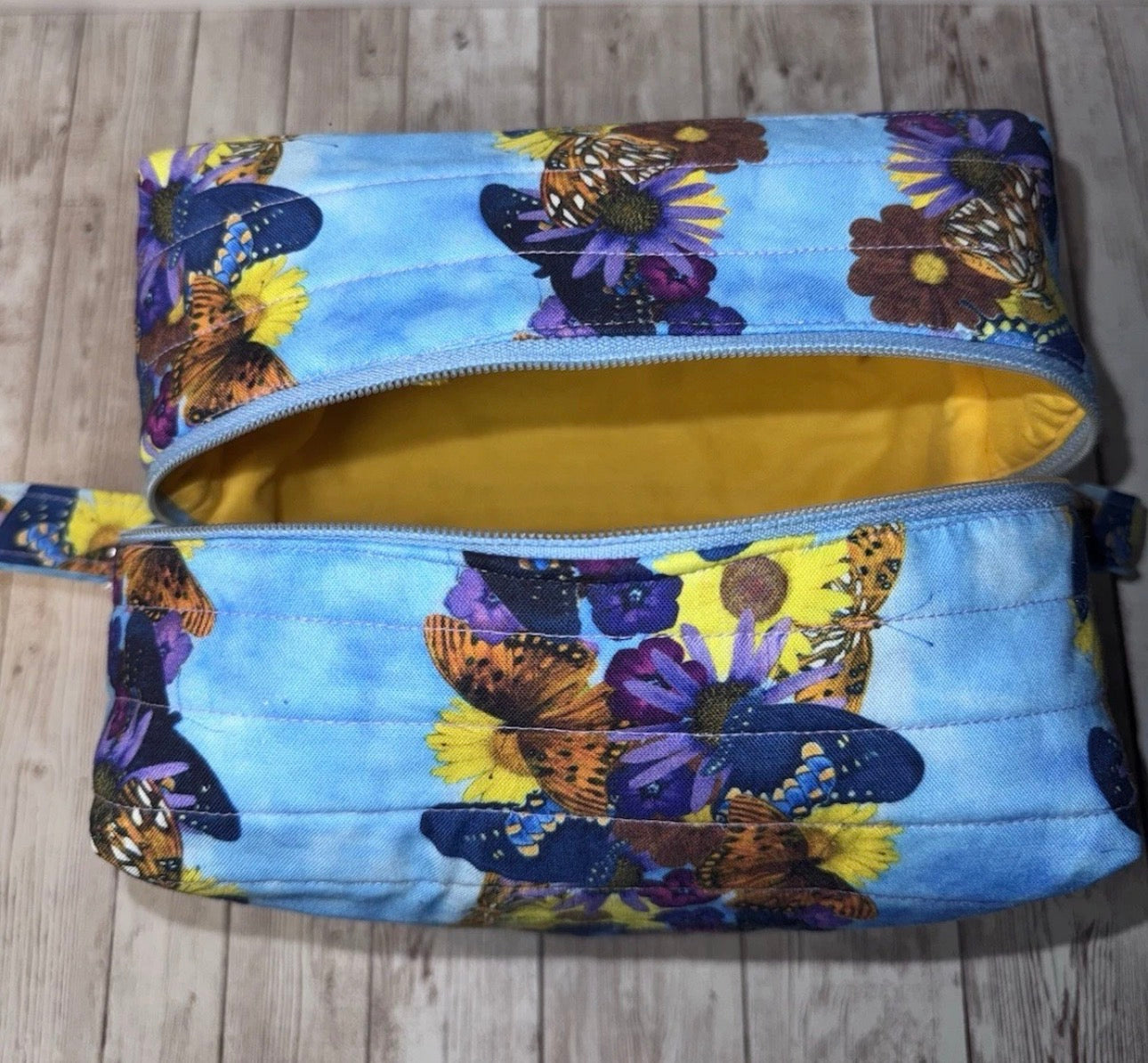 Boxy Handmade Quilted Butterfly Makeup/Toiletrie Travel Bag 5.5”x7.5x6”