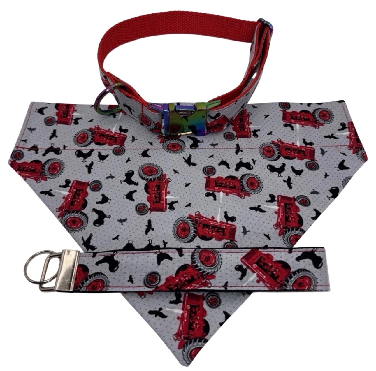 Bandana & Large Dog Collar Set Farm Tractor Print Red Handmade Heavy Duty NEW