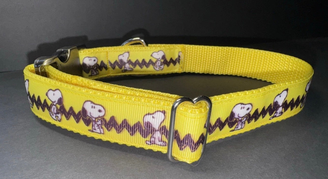 Dog Collar Peanuts Gang Snoopy Large Yellow Handmade Heavy Duty W/Buckle