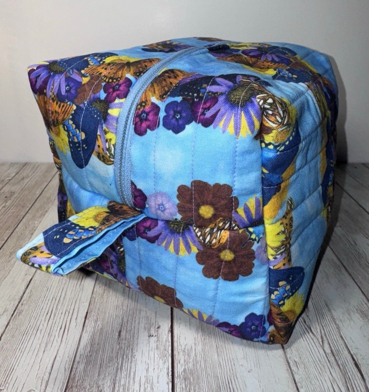Boxy Handmade Quilted Butterfly Makeup/Toiletrie Travel Bag 5.5”x7.5x6”