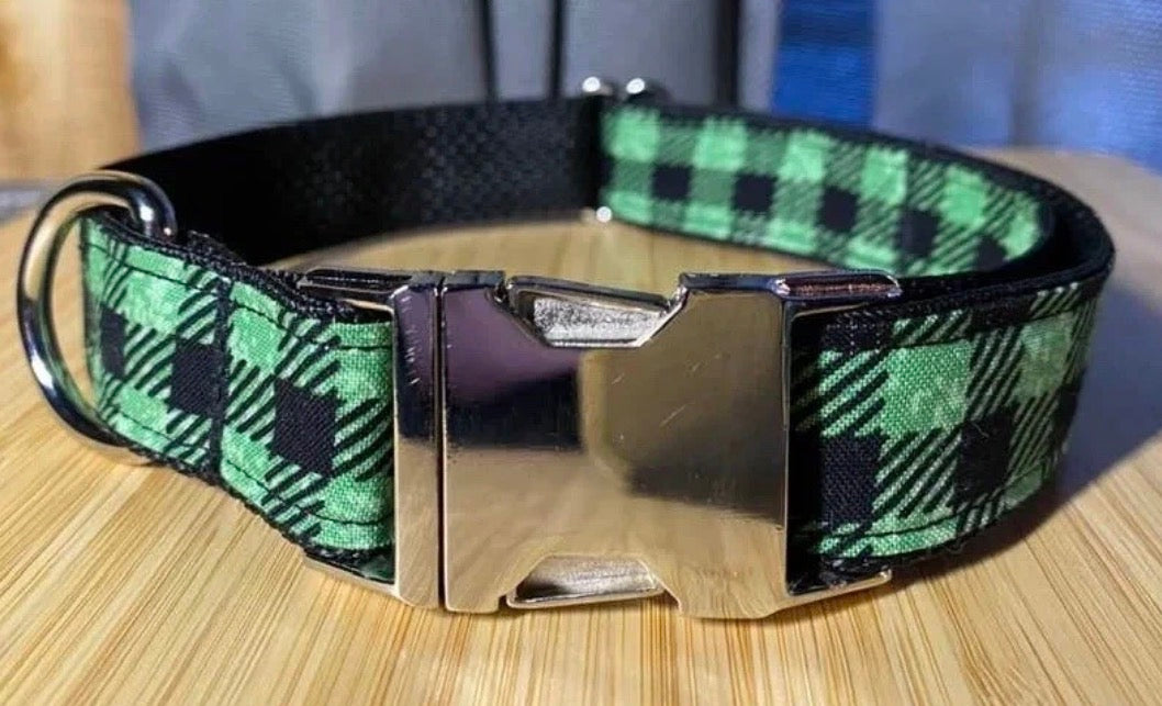 Dog Collar Plaid Green Large Handmade Heavy Duty Metal Buckle NEW