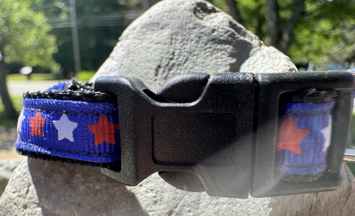 Dog/Cat/Puppy Collar Blue W/White & Red Stars  4th of July Small Handmade NEW